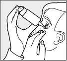 Black and white drawing of a person holding a dropper bottle above the eye