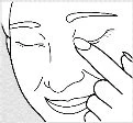 Line drawing of a face with closed eyes and a finger gently pressing on the left upper eyelid
