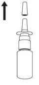 Technical drawing of a nasal spray with a cap on top being removed upward