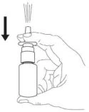 A hand holding a spray bottle tilted upward