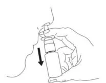 Line drawing of a hand holding a spray bottle near the nose with a black downward-pointing arrow indicating movement