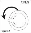 Diagram z czarną zakrzywioną strzałką wskazującą ruch obrotowy przeciwnie do ruchu wskazówek zegara w celu otwarcia okrągłego urządzenia z bocznym dźwignią
