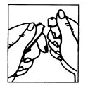 Black and white drawing showing two hands carefully holding and separating a small container or medical device