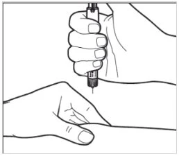 Black and white drawing showing a hand holding an injection pen applying it to the skin of an arm supported by the other hand