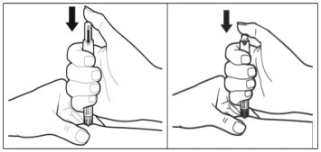Two line drawings showing a hand holding an injection pen pressing downward with a black arrow indicating the movement