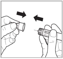 Two hands removing a protective cap from a syringe labeled Bemfola 300 IU, indicated by two black directional arrows