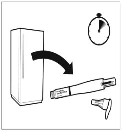 Technical drawing of an injection pen next to a cap, with an arrow indicating movement and a timer in the top right corner