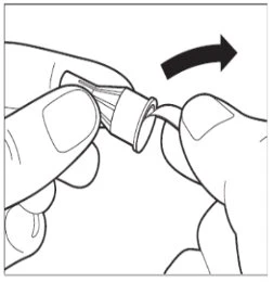 Two hands rotating in opposite directions to unscrew or screw a small cylindrical cap, indicated by a black curved arrow