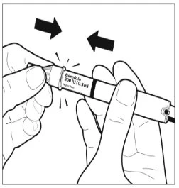 Two hands holding a Bemfola injection pen with black arrows indicating rotational movement for device preparation