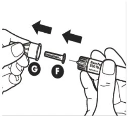 Two hands separating or joining components G and F of a pre-filled syringe with black arrows indicating leftward movement