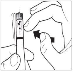 Two hands holding an injection pen vertically while a black arrow indicates rotational movement for device preparation