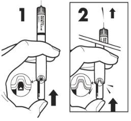 Two-step diagram showing a hand holding an injection pen to administer medication, with arrows indicating downward movement