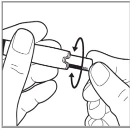 Two hands holding a cylindrical medical device and rotating it in opposite directions following curved arrows to open or close it