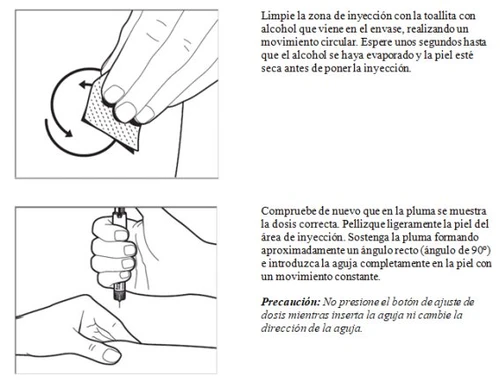 Disegno tecnico che mostra una mano che pulisce la pelle con una salvietta e un'istantanea dell'iniezione