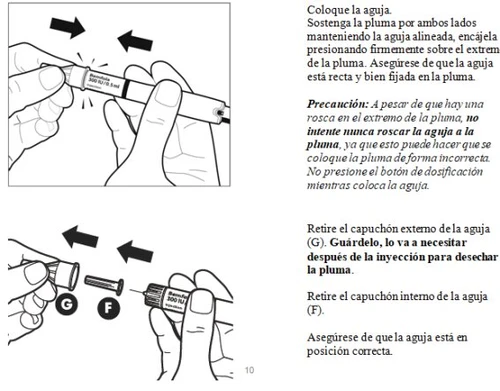 Diagramma medico che mostra le mani che inseriscono l'ago in una penna iniettore e la rimozione del cappuccio esterno e interno dell'ago