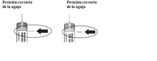 Due diagrammi mostrano la posizione corretta dell'ago di una siringa con frecce nere che indicano il movimento orizzontale verso il corpo della siringa