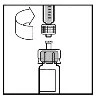 Diagramma tecnico che mostra una siringa con ago posizionata sopra un flaconcino di vetro aperto con il tappo rimosso lateralmente