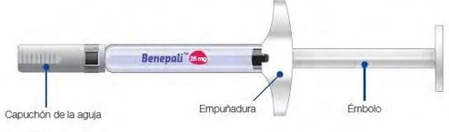 Horizontal Benepali syringe 25 mg with instructions for cap removal