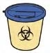 Beige cylindrical container with blue lid and black biohazard symbol printed on the central front area