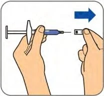 Two hands holding a syringe and a small rectangular container with a blue arrow indicating movement to the right