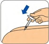 A hand holding an injection pen to administer medication into the upper thigh, with a blue arrow indicating the direction of injection