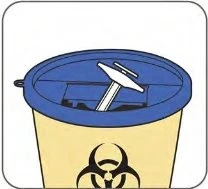 Yellow biohazard waste container with blue lid and biohazard symbol, containing a used needle and syringe