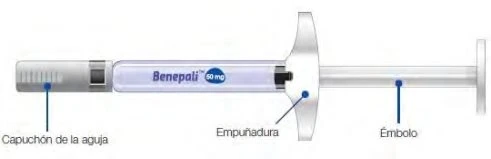 Benepali pre-filled syringe 50 mg with labels indicating parts: needle cap
