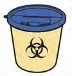 Beige cylindrical container with blue lid and black biohazard symbol centered