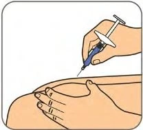 A hand holding a syringe with a thin needle injecting medication into the upper thigh supported by the other hand