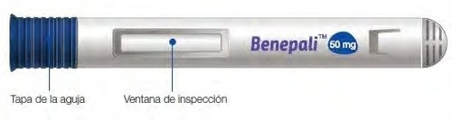 Benepali 50 mg injection pen with blue cap on the left, central inspection window, and blue text on white and silver background