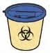 Beige cylindrical container with blue lid and a black biohazard symbol centered on a white background