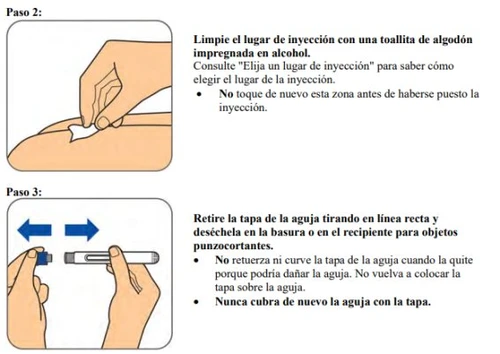 Medical illustration with two steps: a hand cleans the skin and a