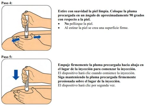 Two illustrations showing hands preparing and pressing an injection pen at a 90-degree angle against the thigh to administer the medication