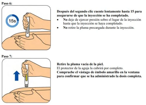Two-step medical illustration showing hands holding an injection pen against the skin with a 15-second timer and an arrow pointing to the