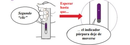 Diagramma che mostra una mano che tiene un dispositivo medico e indica di attendere il secondo clic finché l'indicatore viola non si ferma