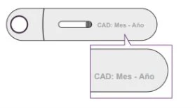 Diagramma di un'etichetta ovale con foro circolare e spazio per la data di scadenza con la dicitura CAD Mes - Año ingrandita in un riquadro