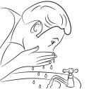 Disegno lineare di una persona che si lava il viso con l'acqua corrente che scorre da un rubinetto aperto