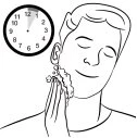 Disegno lineare di un uomo con gli occhi chiusi che applica una schiuma sul viso accanto a un orologio che segna l'una