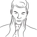 Disegno lineare di un uomo con gli occhi chiusi che si applica una crema sul viso usando entrambe le mani con gocce di prodotto sul collo