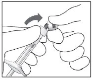 Two hands rotating and attaching a white cap onto a syringe-shaped medical device, with a curved arrow indicating the motion