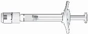 Technical drawing of a horizontal syringe with transparent body, plunger with cross-shaped handle, and needle tip