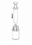 Technical drawing of a syringe with the plunger being pushed downward by a black arrow to aspirate contents from a vial