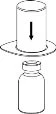 Diagram showing a cylinder with an arrow pointing downward approaching the neck of a glass vial for