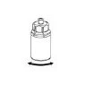 Black and white technical drawing of a cylindrical vial with a cap and a curved arrow at the base indicating a rotational movement