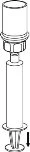 Black and white technical drawing of a syringe with an upper cap, a cylindrical body, and a black arrow pointing downward
