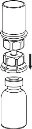 Technical drawing showing the assembly of a top cap onto a glass vial via a black arrow pointing downward