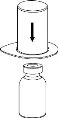 Diagram showing a syringe with a cap being pressed downward onto a glass vial for liquid transfer