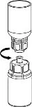 Technical drawing showing the rotational movement of a cylindrical upper part being screwed onto a toothed conical-cylindrical base
