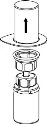 Technical diagram showing the disassembly of a medical vial with an upper cap and a lower cylindrical container separated by an upward arrow