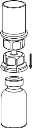 Exploded diagram of a medical vial with a screw cap and an upper protective cap separated by a downward arrow